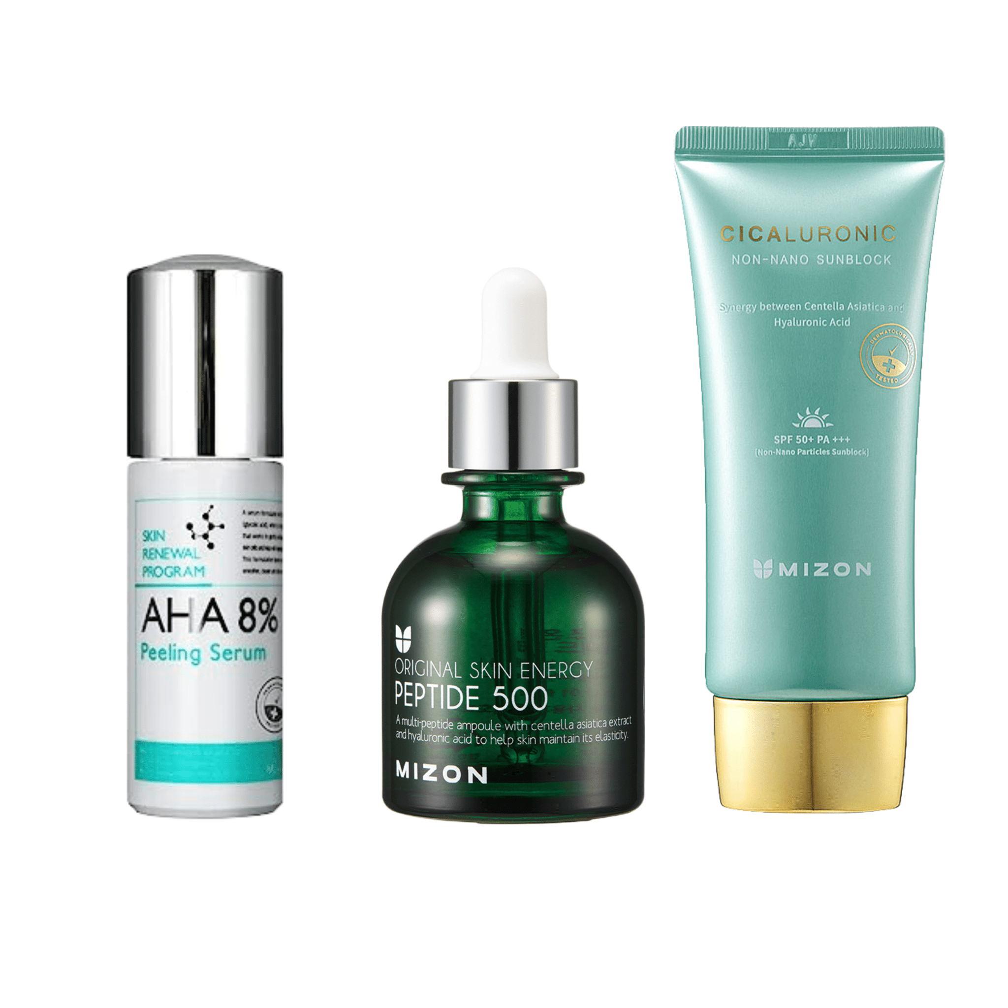 Mizon Exfoliating Whitining Set (Cicaluronic spf50+Peptide serum+Peeling AHA 8% Serum)